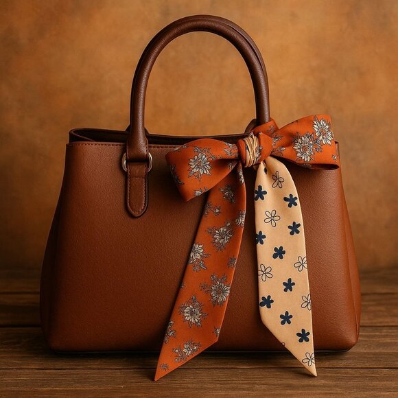 Slim Scarf 34in Rust and Cream Floral Duo Print 2 Sided Neck Hair Bag Wrap No39 - Picture 3 of 9